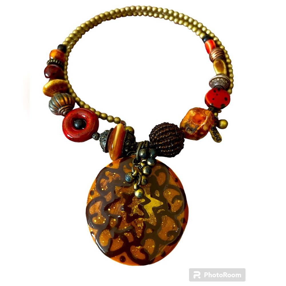 “Treska” vintage Boho Style Memory Wire Coil Necklace, enamel, stones,wood beads